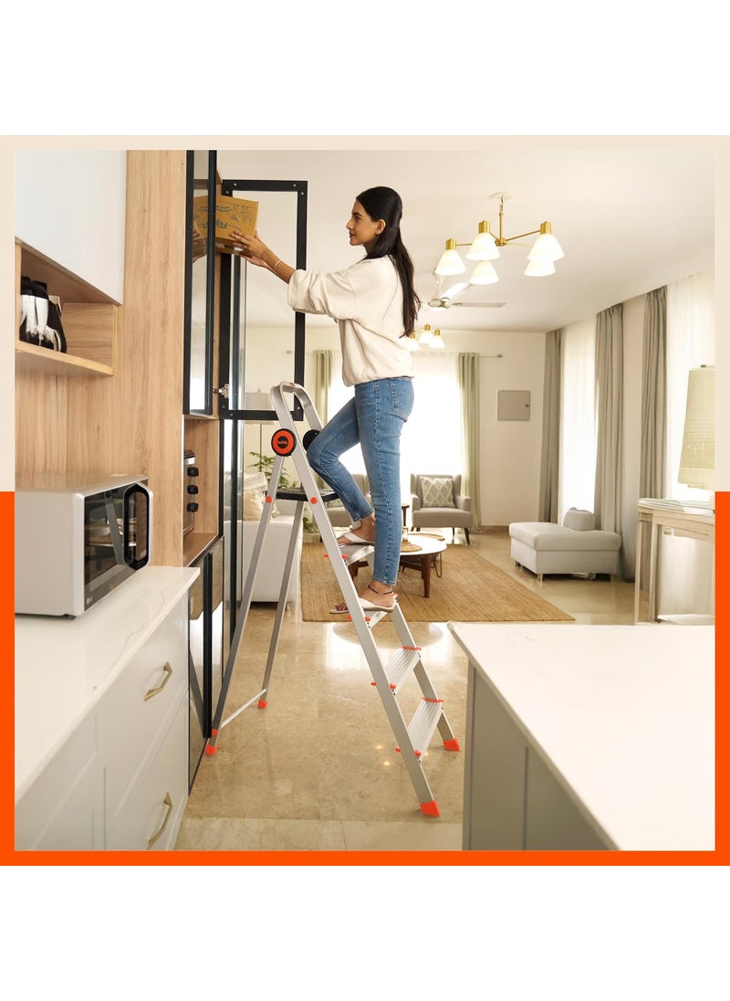 Bathla - Bathla Advance Pro 5Step Foldable Aluminium Ladder for Home HeavyDuty AntiSlip Steps with SureHinge Technology 7Year Manufacturer Warranty Orange - Image 1