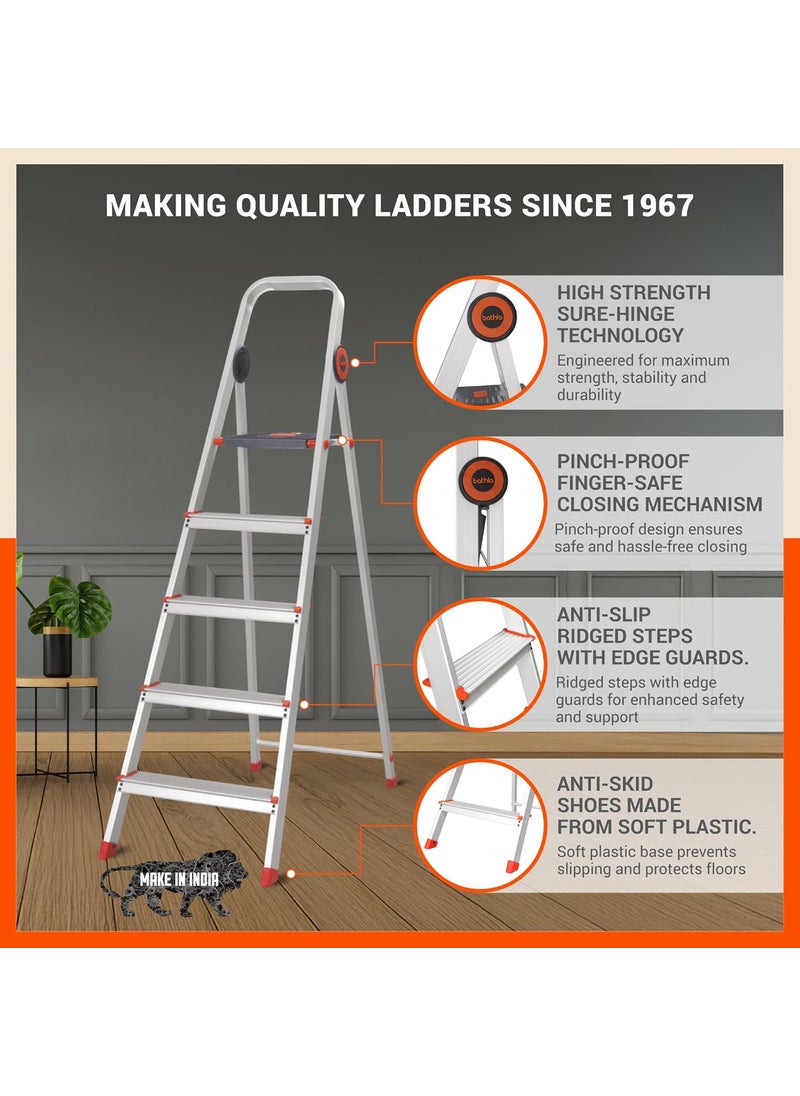 Bathla - Bathla Advance Pro 5Step Foldable Aluminium Ladder for Home HeavyDuty AntiSlip Steps with SureHinge Technology 7Year Manufacturer Warranty Orange - Image 1