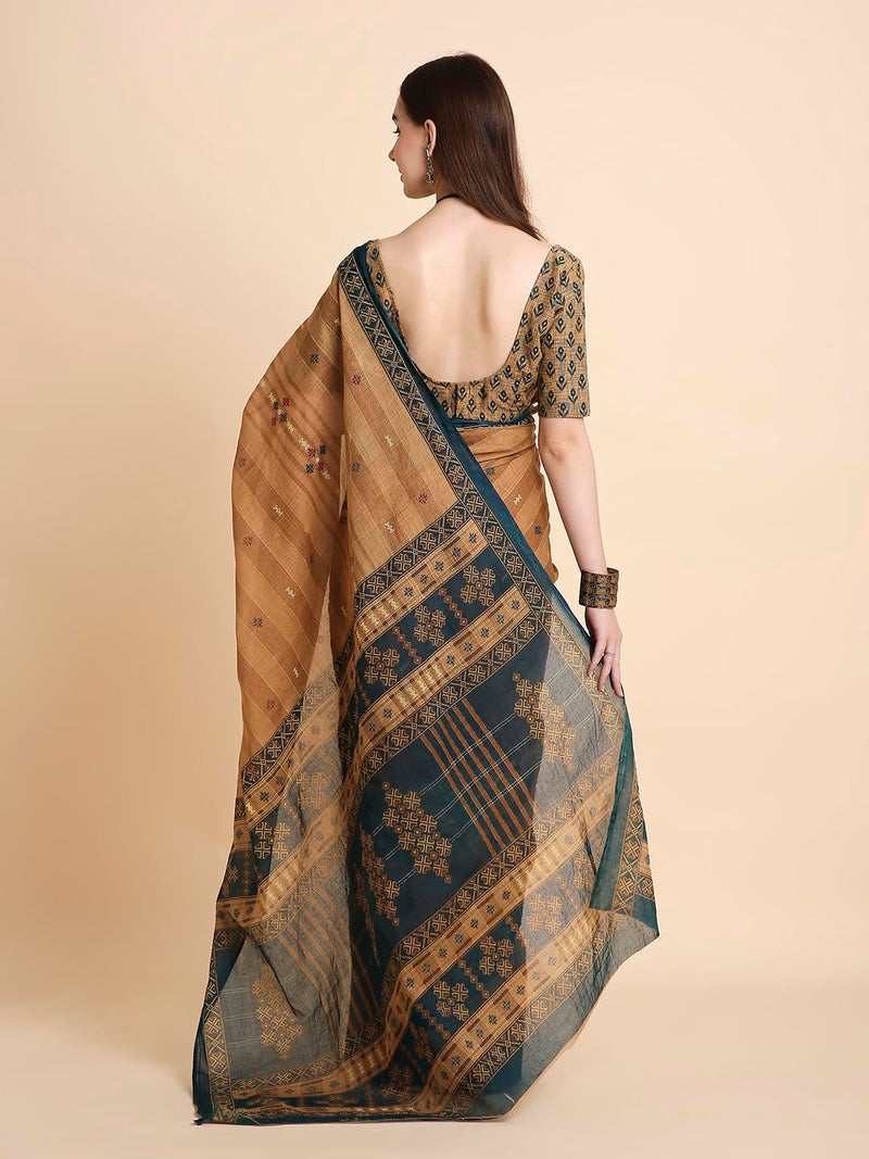 RATAN Pure Cotton Printed Mulmul Saree for Women with Blouse Piece (LAHL-BP-21936_Light Brown) - Image 2