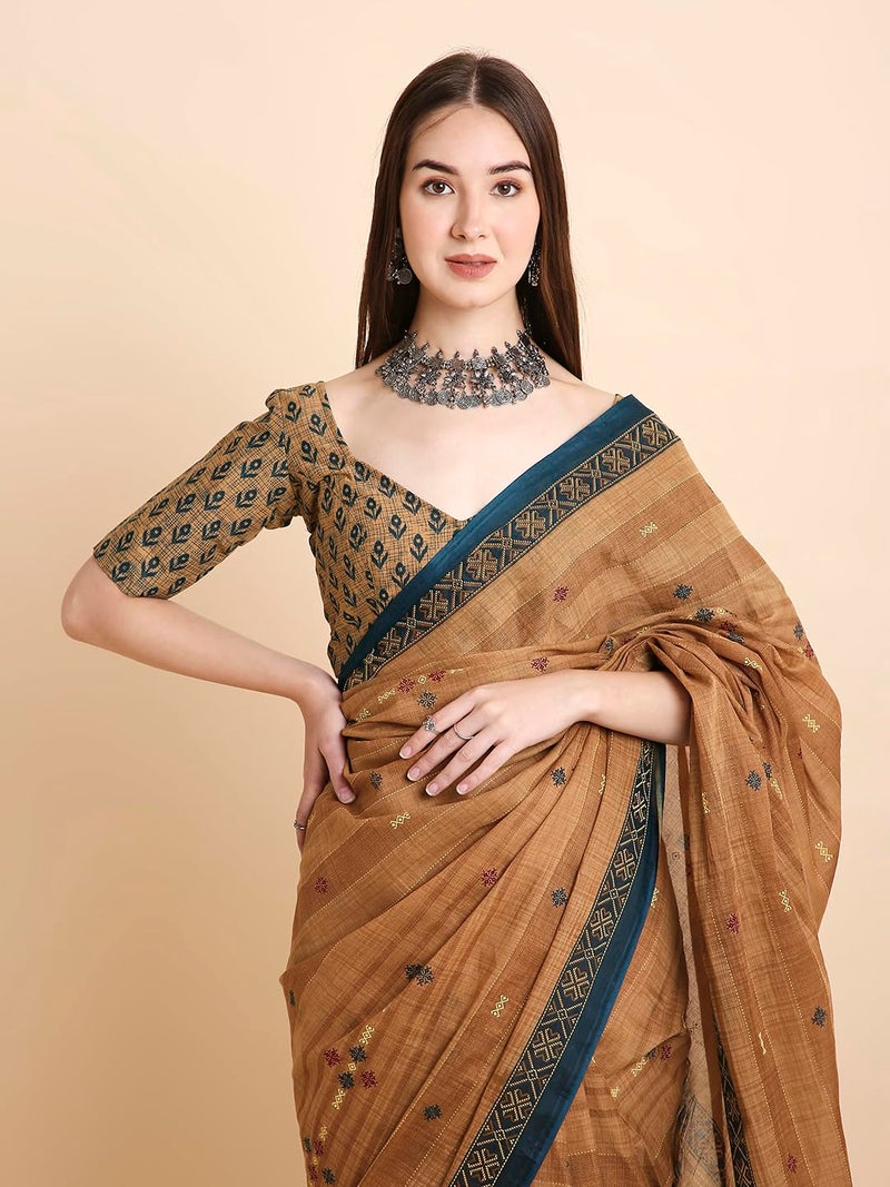 RATAN Pure Cotton Printed Mulmul Saree for Women with Blouse Piece (LAHL-BP-21936_Light Brown) - Image 4