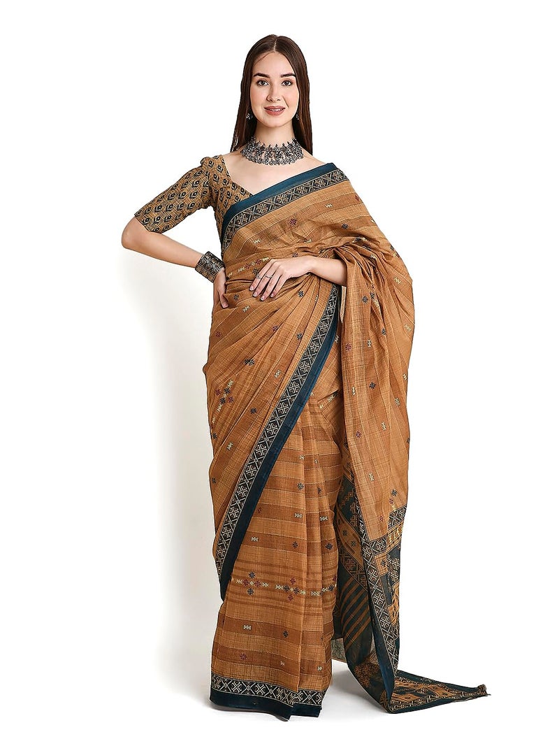 RATAN Pure Cotton Printed Mulmul Saree for Women with Blouse Piece (LAHL-BP-21936_Light Brown) - Image 1