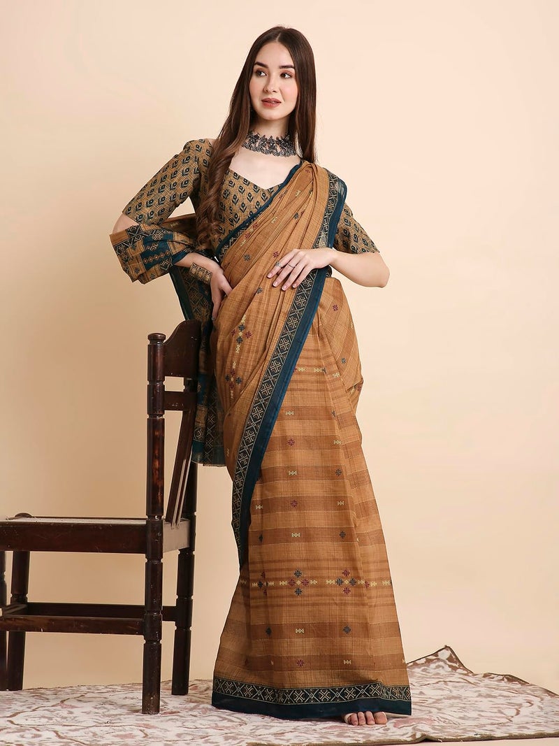 RATAN Pure Cotton Printed Mulmul Saree for Women with Blouse Piece (LAHL-BP-21936_Light Brown) - Image 3