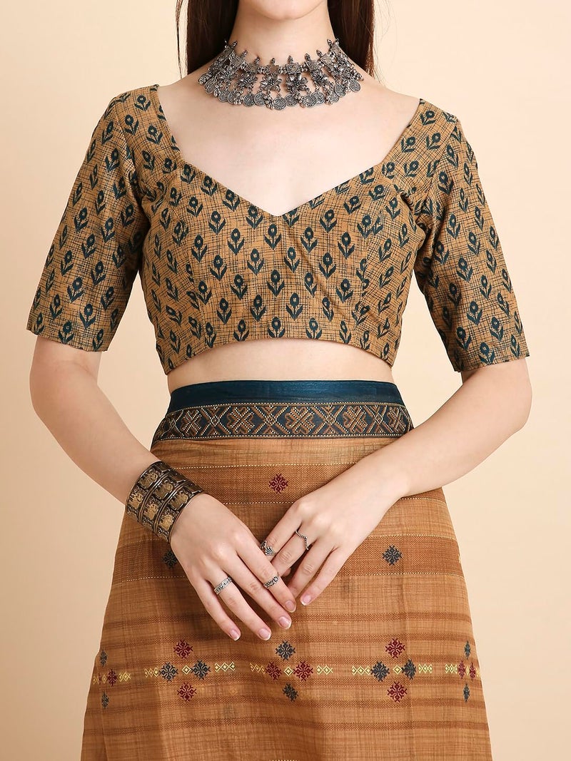 RATAN Pure Cotton Printed Mulmul Saree for Women with Blouse Piece (LAHL-BP-21936_Light Brown) - Image 5