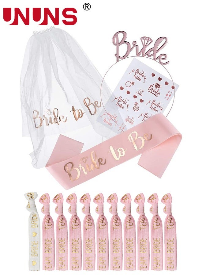 UNUNS Bachelorette Party Decorations Kit,Bride To Be Sash And Veil White Set,Rose Gold Bride to Be Pink Decorations Kit,Bridal Shower Supplies Includes Bridal Sash,Rhinestone Tiara,White Veil, Sticker - Image 1