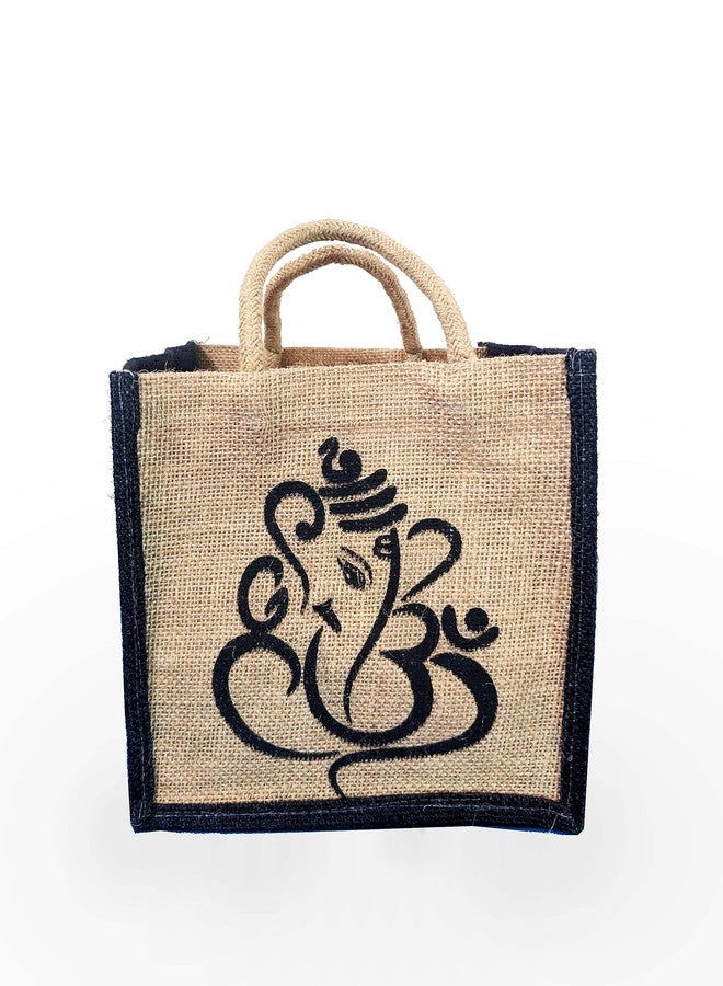 Handmakers | Black and Beige Jute Handbags with Ganesh Print | Gift Bag - Image 2