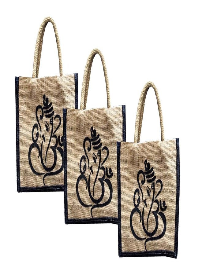Handmakers | Black and Beige Jute Handbags with Ganesh Print | Gift Bag - Image 1