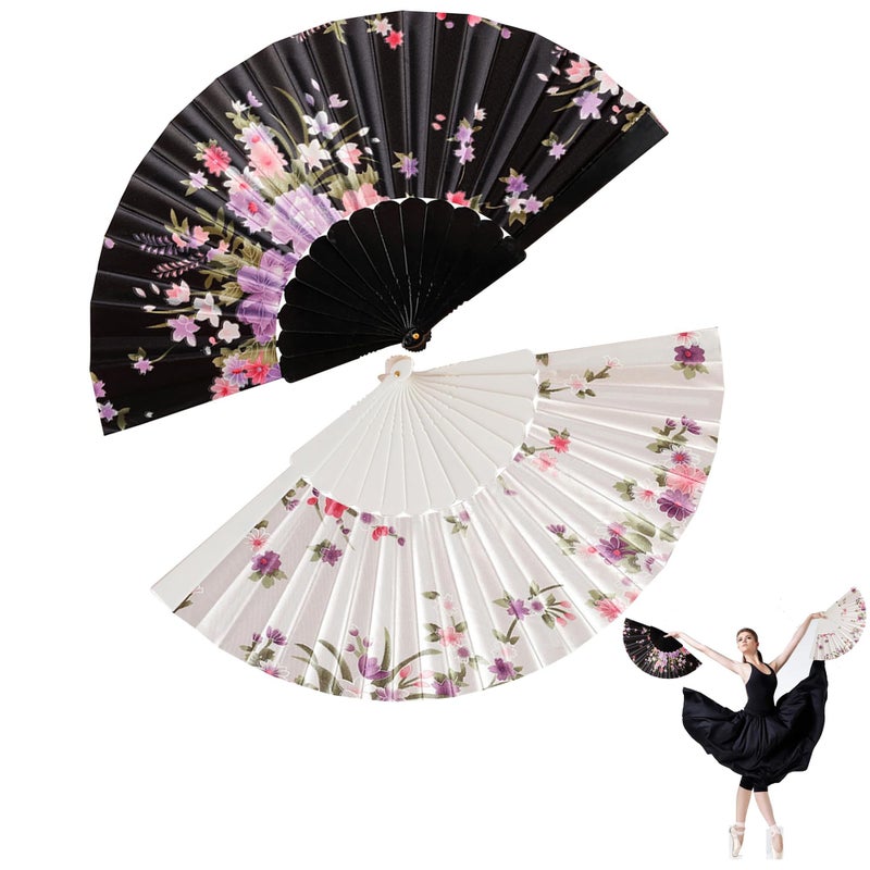 Zikra Silk Folding Hand Fans, 2-Pack Large Folding Handheld Fans, Chinese Vintage Flower Silk Foldable Fans for Women Girls Dancing Cosplay Wedding Party Gifts Props Decoration(Black+White) - Image 1