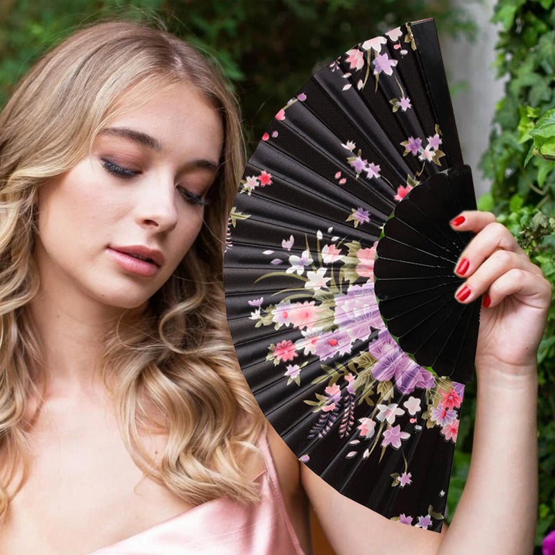 Zikra Silk Folding Hand Fans, 2-Pack Large Folding Handheld Fans, Chinese Vintage Flower Silk Foldable Fans for Women Girls Dancing Cosplay Wedding Party Gifts Props Decoration(Black+White) - Image 2