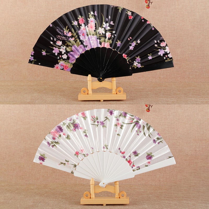 Zikra Silk Folding Hand Fans, 2-Pack Large Folding Handheld Fans, Chinese Vintage Flower Silk Foldable Fans for Women Girls Dancing Cosplay Wedding Party Gifts Props Decoration(Black+White) - Image 5