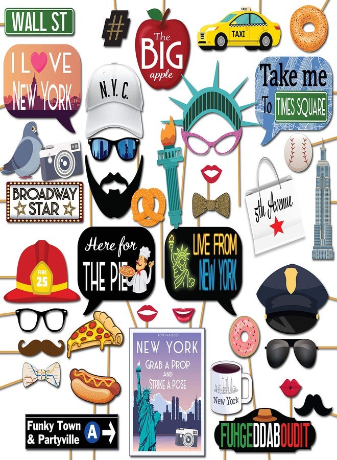 Outside The Booth New York Photo Booth Props - 41-pc Photo Booth Kit with 8 x 10-Inch Sign, 60 Adhesive Pads, 45 Sticks - NYC Props - New York Theme Decorations - Cityscape Photo Props - Image 1