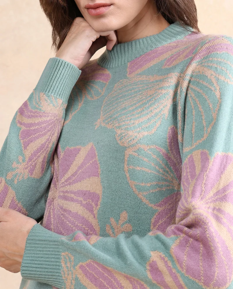 Rareism Rareism Women Lakent Light Blue Relaxed Fit Jacquard Sweater