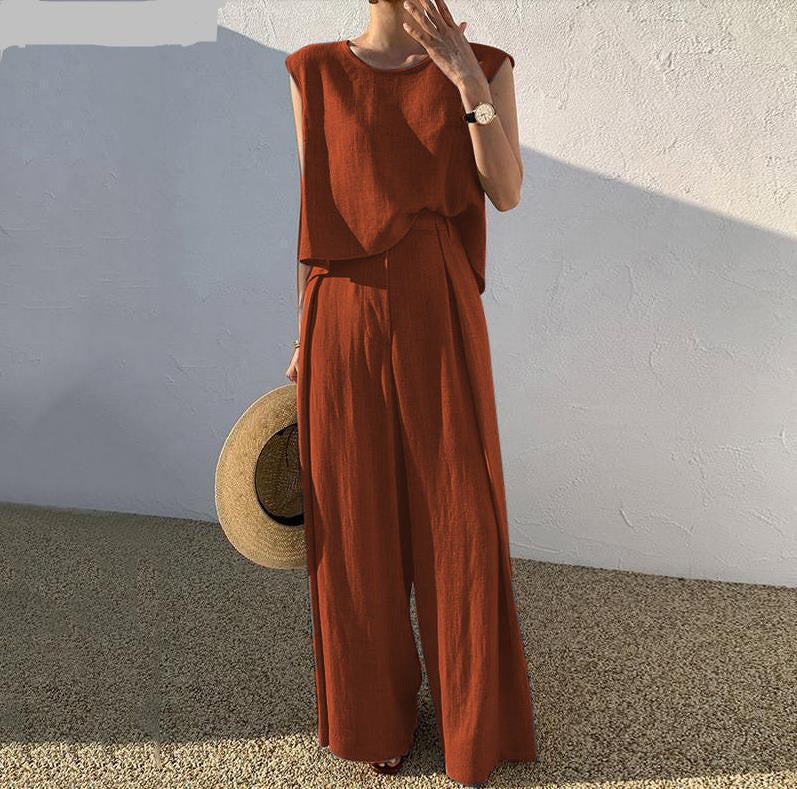 2024 Spring and Summer Cotton Linen Fashion Casual Loose Two-piece Sleeveless Top Loose Wide Leg Pants Women orange red - Image 1
