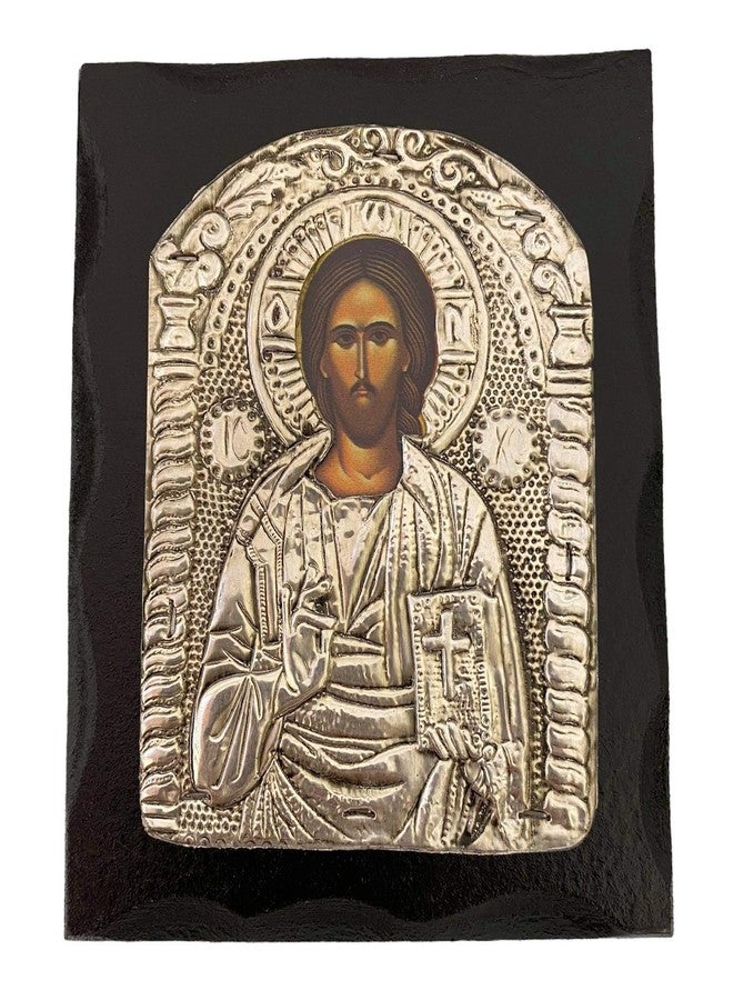 Mastic of Chios Christian Orthodox Solid Wood-Metallic icon of Jesus Christ Handmade From Greece (12 X 10 cm or 4.7 X 3.94 in) - Image 1