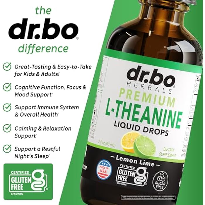 dr.bo L Theanine 200mg Liquid Drops - Natural Sleep Support & Focus Supplement for Kids & Adults - Vegan, Non-GMO, Gluten Free 200mg Pure L-Theanine Drops Liquid Supplements, Mood Ltheanine for Kids 2 FL Oz - Image 4
