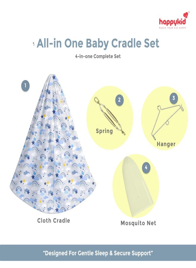 Happykid Baby Cradlé Set | Durable Cotton Cloth, Mosquito Net, Spring, Hanger Jhoola, Thottil (Blue) - Image 2