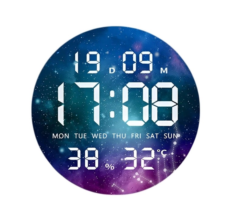 HOME ELEMENTS Digital Wall Clock for Bedroom, Living Room Stylish with LED, USB Powered Wall Mounted, Tabletop Clock for Home Office with Day, Date, Tempreture Functions - 24.3x24.3cm (Universe) - Image 1