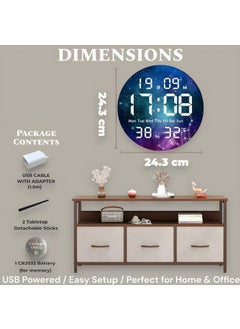 Home Elements HOME ELEMENTS Digital Wall Clock for Bedroom, Living Room Stylish with LED, USB Powered Wall Mounted, Tabletop Clock for Home Office with Day, Date, Tempreture Functions - 24.3x24.3cm (Universe)  - Image 3