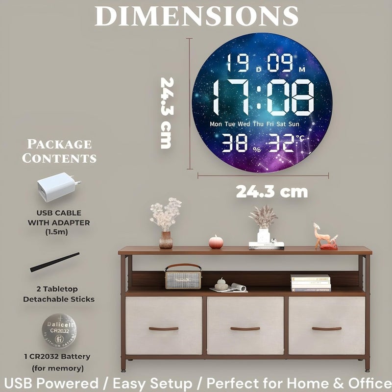 HOME ELEMENTS Digital Wall Clock for Bedroom, Living Room Stylish with LED, USB Powered Wall Mounted, Tabletop Clock for Home Office with Day, Date, Tempreture Functions - 24.3x24.3cm (Universe) - Image 3