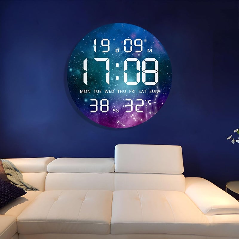 HOME ELEMENTS Digital Wall Clock for Bedroom, Living Room Stylish with LED, USB Powered Wall Mounted, Tabletop Clock for Home Office with Day, Date, Tempreture Functions - 24.3x24.3cm (Universe) - Image 2