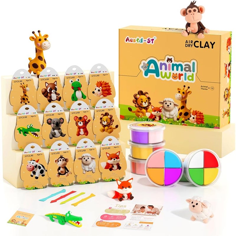 Aestd-ST Air Dry Clay Kit - Animal Theme, Modeling Clay for Kids, DIY Magic Clay with Sculpting Tools and Tutorials, 12 Boxes Molding Clay, Soft & Non-Sticky, Arts and Crafts Gift for Kids - Image 1