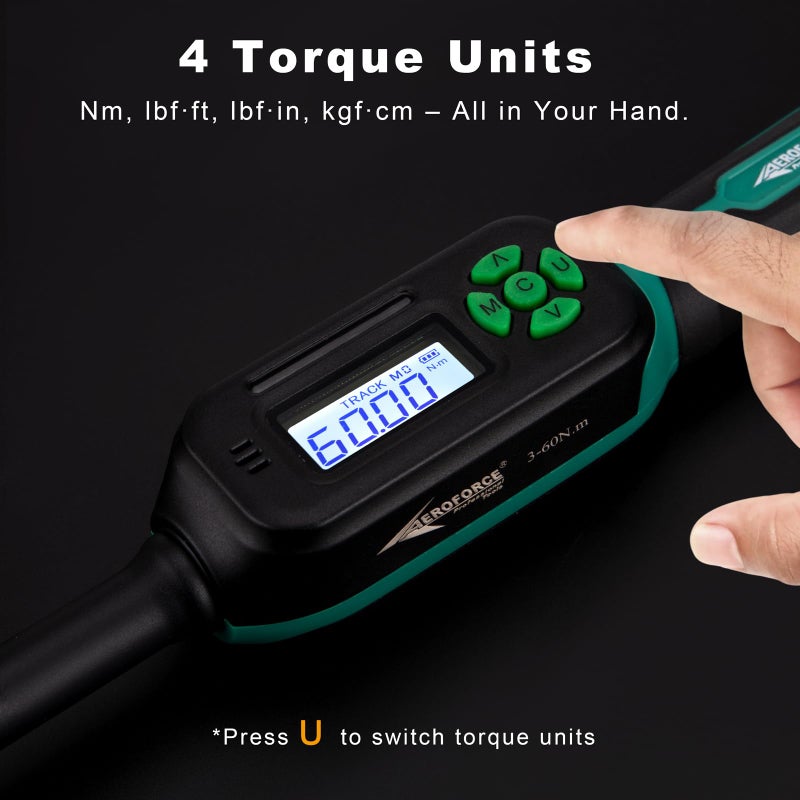 AEROFORCE Professional Tools AEROFORCE Digital Torque Wrench - 3/8 Inch Drive Electric Torque Wrench (3-60Nm), Features Dual-Direction Ratchet, Â±2% Accuracy, Buzzer & LED Alerts, 4-Measurement Unit (Nm/lb.ft/in.lb/kgf.cm) - Image 4