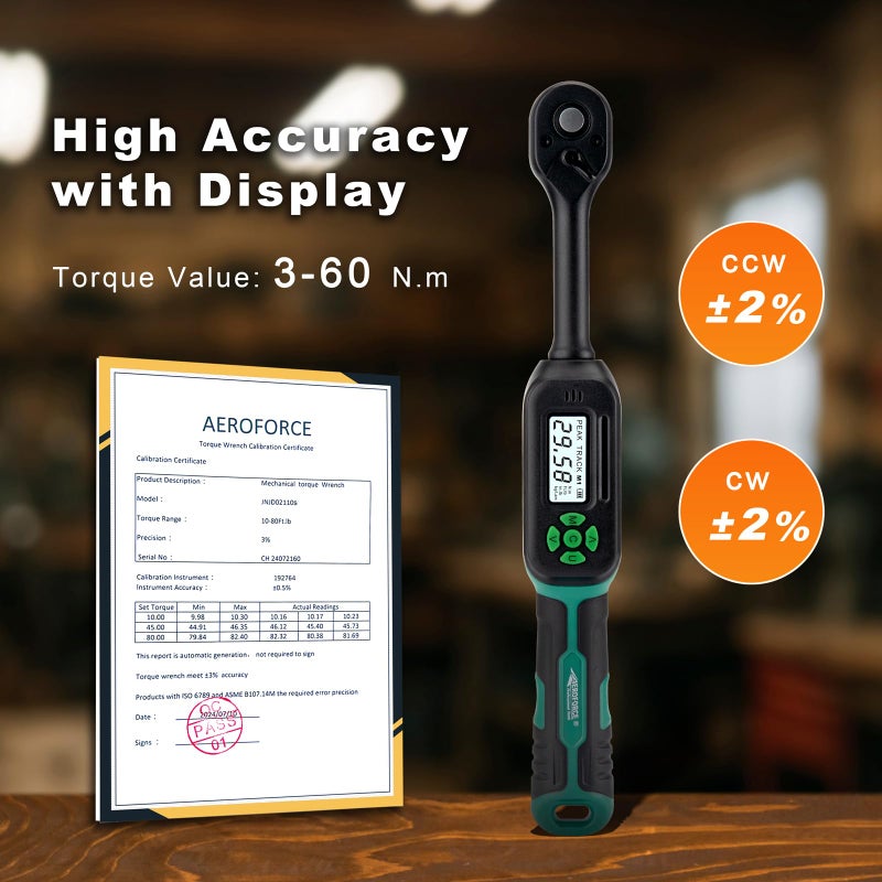 AEROFORCE Professional Tools AEROFORCE Digital Torque Wrench - 3/8 Inch Drive Electric Torque Wrench (3-60Nm), Features Dual-Direction Ratchet, Â±2% Accuracy, Buzzer & LED Alerts, 4-Measurement Unit (Nm/lb.ft/in.lb/kgf.cm) - Image 2