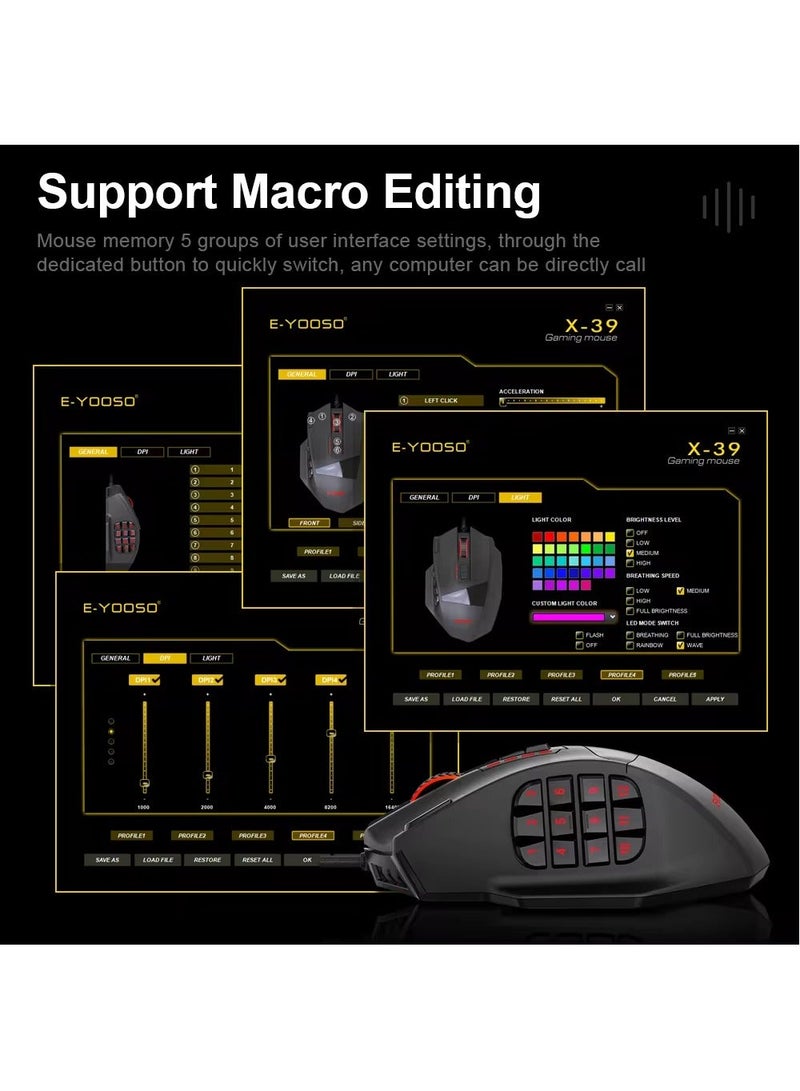 إي-يوسو ماوس الألعاب السلكي X-39 RGB، 19 زرًا، فأرة بصرية للألعاب قابلة للبرمجة، بدقة 16400 نقطة في البوصة Paw3327، للألعاب/المكتب - Image 2