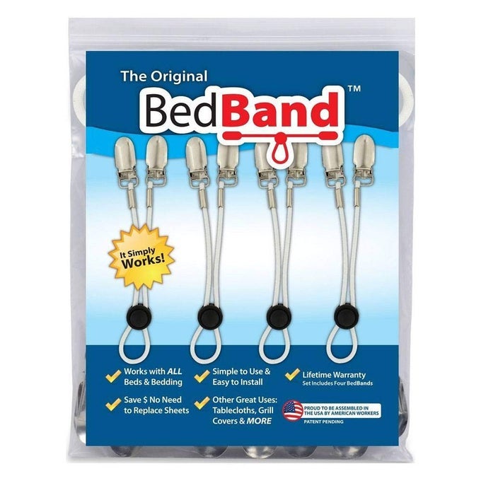 WHITE NOT MADE IN CHINA 100 USA WORKER ASSEMBLED BED SHEET HOLDER GRIPPER SUSPENDER AND STRAP SMOOTH ANY SHEETS ON ANY BED SLEEP BETTER PATENTED