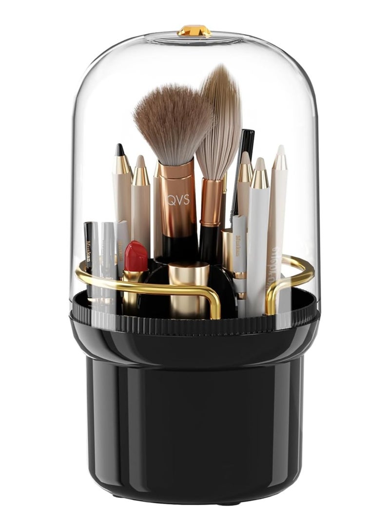 Makeup Brush Holder Organizer with Lid,360 Rotating Clear Dustproof Makeup Brushes Organizer for Vanity Desktop Bathroom Countertop - Image 1