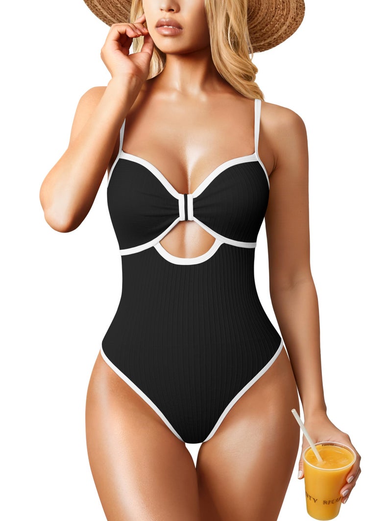 OQQ Womenâ€™s One Piece Swimsuit Cutout Push Up Tummy Control Bathing Suit with Adjustable Straps Black - Image 1