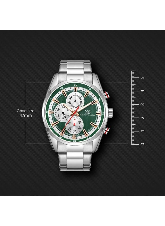 Kenneth Scott Green Kenneth Scott Men's Watch, Analog Display and Stainless Steel Strap - K24117-SBSH, Silver for Men | Best Price UAE