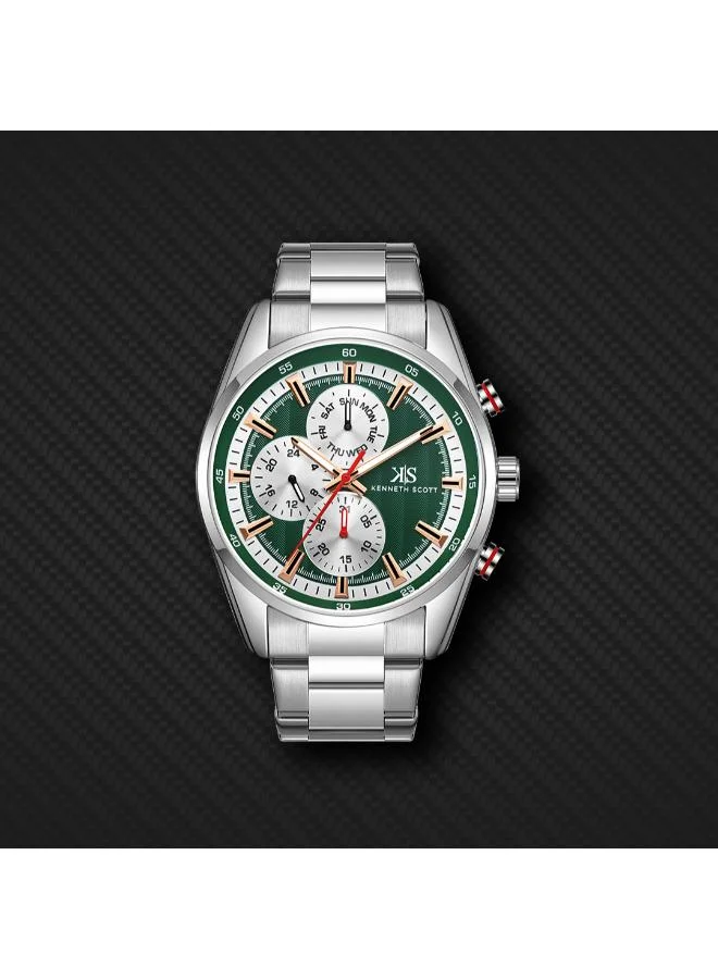 Kenneth Scott Green Kenneth Scott Men's Watch, Analog Display and Stainless Steel Strap - K24117-SBSH, Silver for Men | Best Price UAE