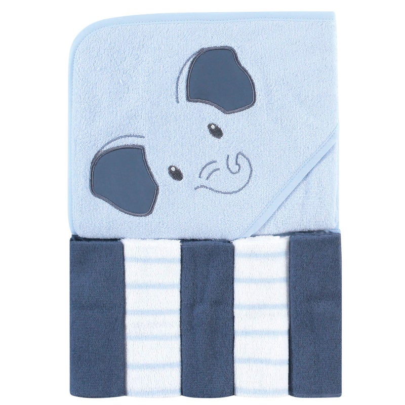 Hudson Baby Unisex Baby Hooded Towel and Five Washcloths, Blue Elephant, One Size - Image 2