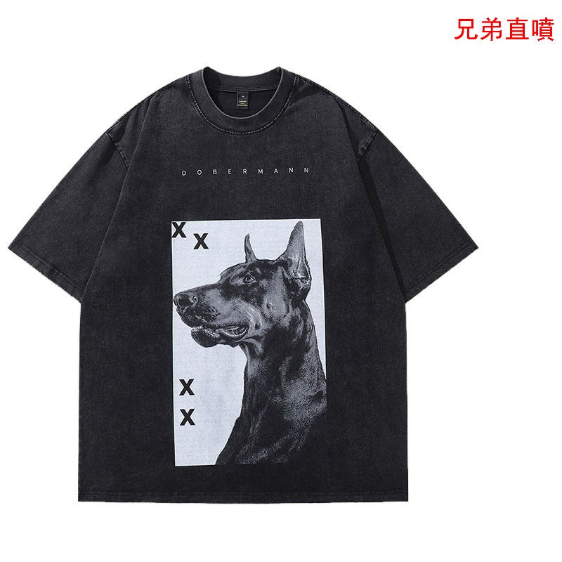 TKPA high street direct injection Doberman printed washed old short sleeve T-shirt men's and women's American style retro fashion brand half sleeve tee - Image 2