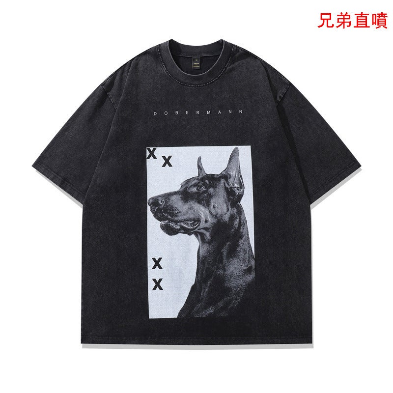 TKPA high street direct injection Doberman printed washed old short sleeve T-shirt men's and women's American style retro fashion brand half sleeve tee - Image 3