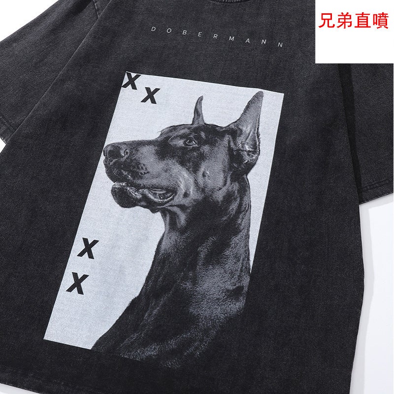 TKPA high street direct injection Doberman printed washed old short sleeve T-shirt men's and women's American style retro fashion brand half sleeve tee - Image 4