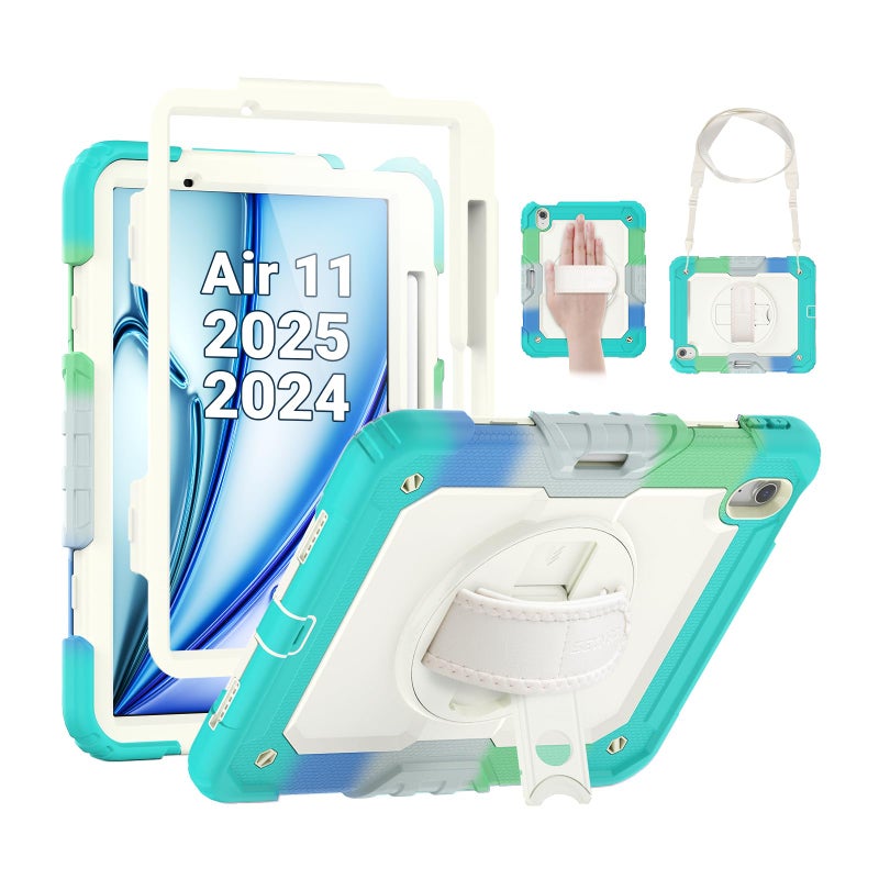 SEYMAC Kids Case for iPad Air 11 Inch M3 2025/M2 2024 (Air 7th/6th Generation), Heavy Duty Shockproof Protective Case with Screen Protector, Rotating Stand and Hand/Shoulder Strap, Colorful Blue - Image 1