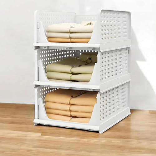 VERAT 3 Pieces Storage and Organisers/Wardrobe Organizer Storage/Plastic Wardrobe/Cloth Adjustable for Foldable/Clothes Organizer Foldable Shirt/Almirah/Cupboard/Cupboard Stackbale Clothes(White) - Image 1