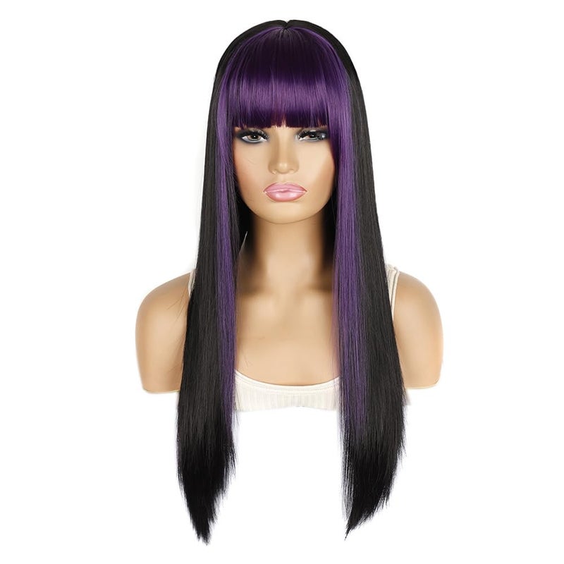 Czrleaty Long Straight Wig with Bangs Colorful Bleaching and Dyeing Wigs Synthetic Straight Halloween Costume Cosplay Wigs for Girls Personalized Avant-Garde Anime Wig (Purple&Black, 24 inches) 