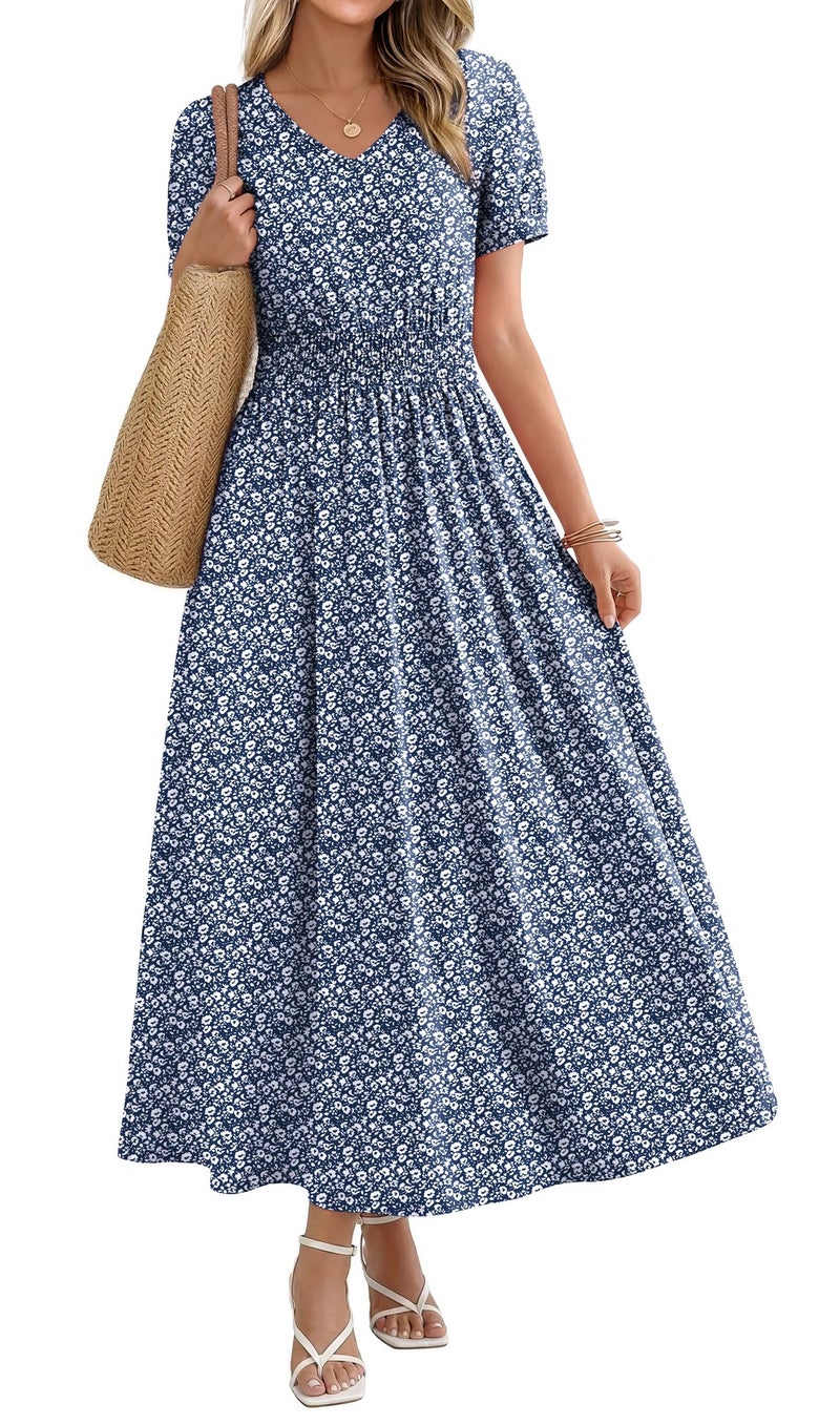 OFEEFAN Floral Maxi Dresses for Women Ladies Summer Midi Sundresses Long Casual Dress Spring Beach Vacation Outfits Fashion Clothing 2026 Trendy Resort Wear A Line Flowy Grey Blue L - Image 1