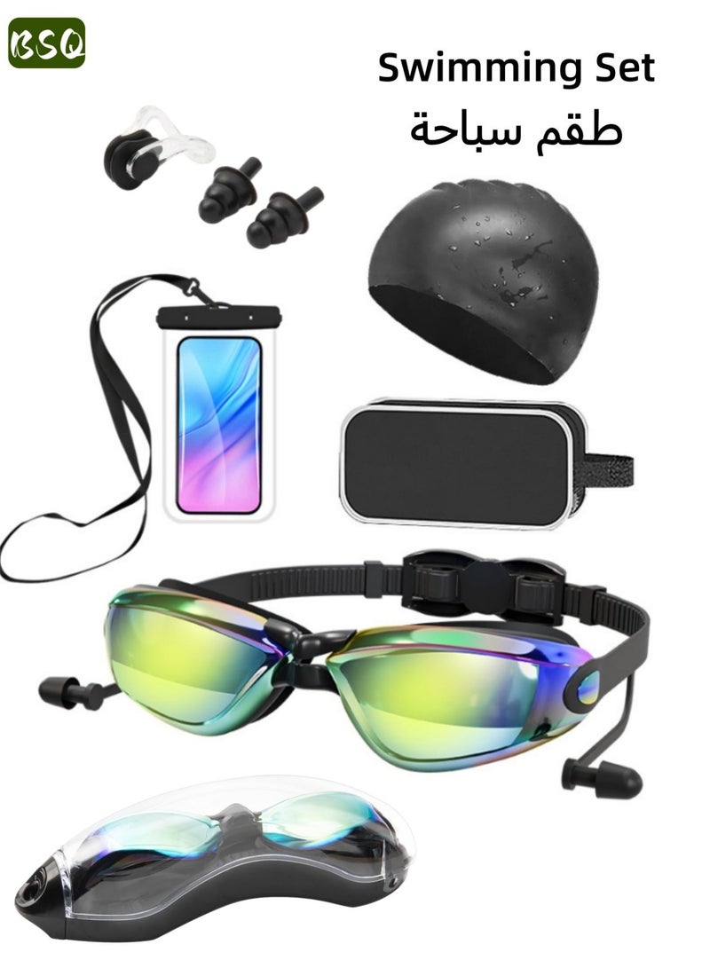 BSQ 5-in-1 Anti-Fog Swim Goggle Set | Includes Swim Cap, Earplugs, Nose Clip, Waterproof Pouch, and Leak-Proof Goggles | Waterproof Swim Goggles | Effective UV Protection | Crystal-Clear Vision | 180° Panoramic View | Unisex - Image 1
