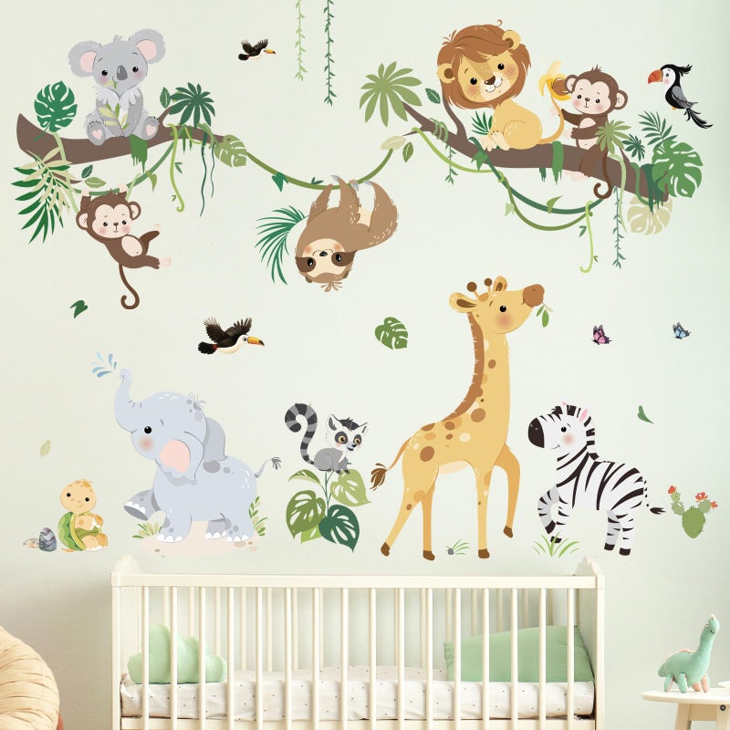 decalmile Jungle Animals Tree Branch Wall Decals Safari Monkey Giraffe Lion Wall Stickers Baby Nursery Kids Room Daycare Wall Decor - Image 2