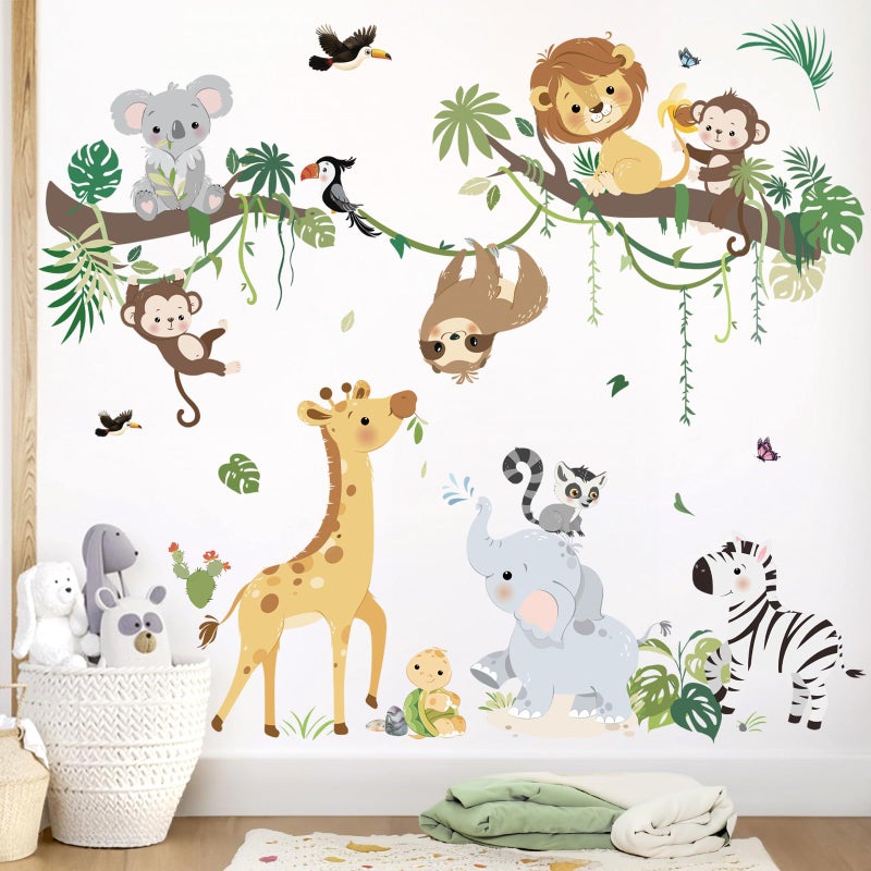 decalmile Jungle Animals Tree Branch Wall Decals Safari Monkey Giraffe Lion Wall Stickers Baby Nursery Kids Room Daycare Wall Decor - Image 1