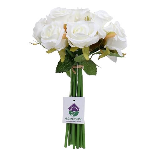 HOMEVERSE 12pcs Artificial Rose Fake Silk Plants Wedding Valentines Birthday Anniversary Christmas Mothers Day (White-12pcs) - Image 1