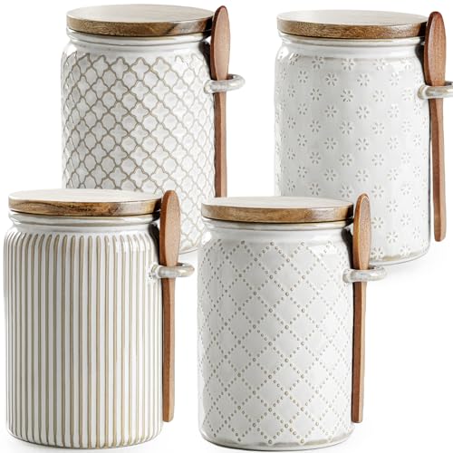 getstar Small Canisters Sets for the Kitchen, 20 oz Sugar Coffee Tea Storage Containers, Ceramic Kitchen Canisters for Countertop Set of 4 with Airtight Lids and Teaspoons - Image 1