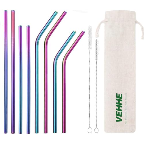 VEHHE Reusable Straws 8 Set Multi Color Stainless Steel Straws - Cleaning Brush for 20 Oz (Rainbow 8.5 inch + 10.5 inch) - Image 1