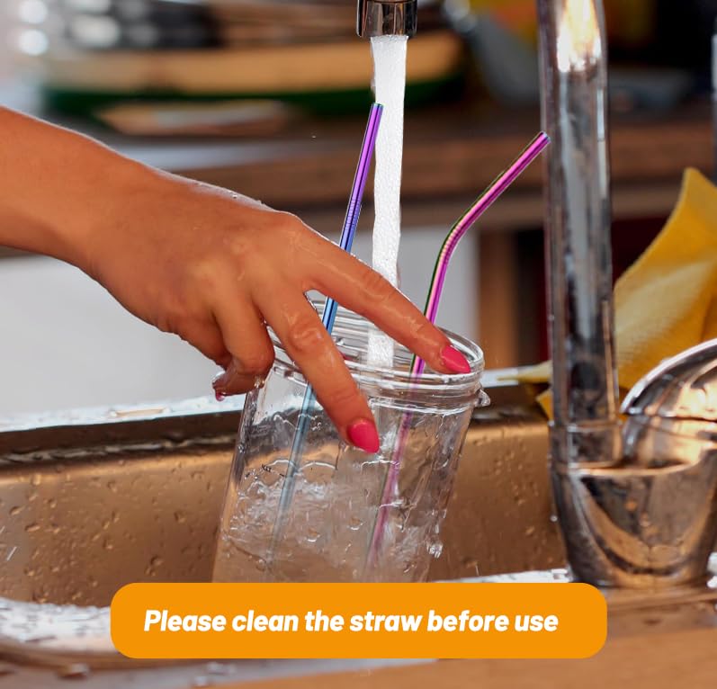 VEHHE Reusable Straws 8 Set Multi Color Stainless Steel Straws - Cleaning Brush for 20 Oz (Rainbow 8.5 inch + 10.5 inch) - Image 5