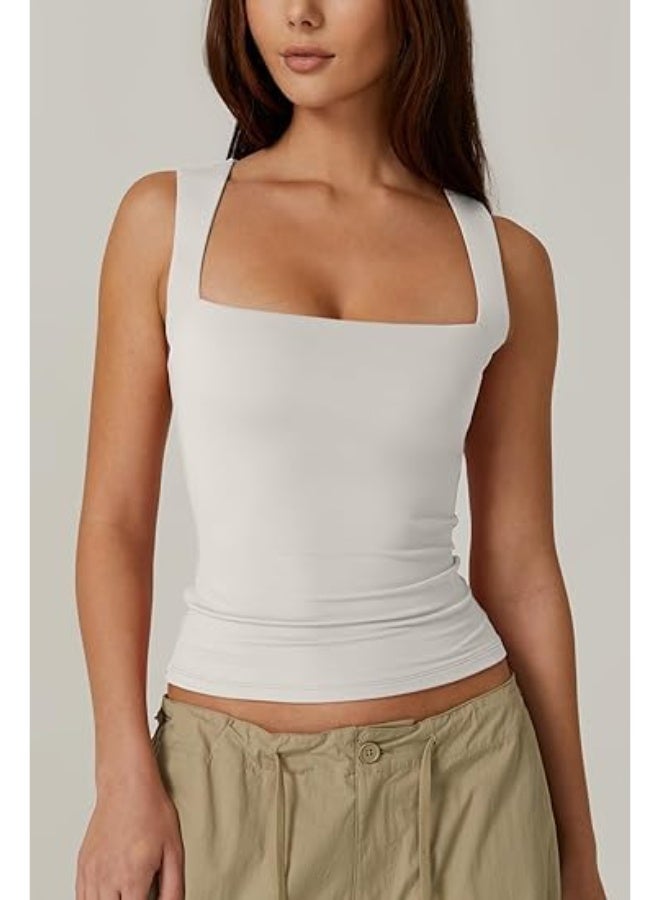 Women's Square Neck Sleeveless DoubleLayer Vest Basic Tight T-Shirt Women's Camisole Fashionable TightFitting Inner Fitness Top - Image 3