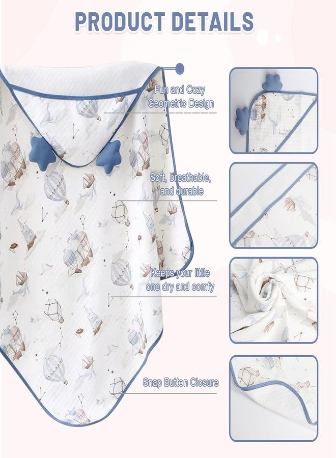 ICKEYOU Cute Animal Hooded Baby Towel Unisex 35" x 35", 100% Cotton, Super Soft & Absorbent, with Safety Belt to Prevent Baby Rolling – Great Gift for Newborns, Toddlers & Kids (Blue hot air Balloon) - Image 3