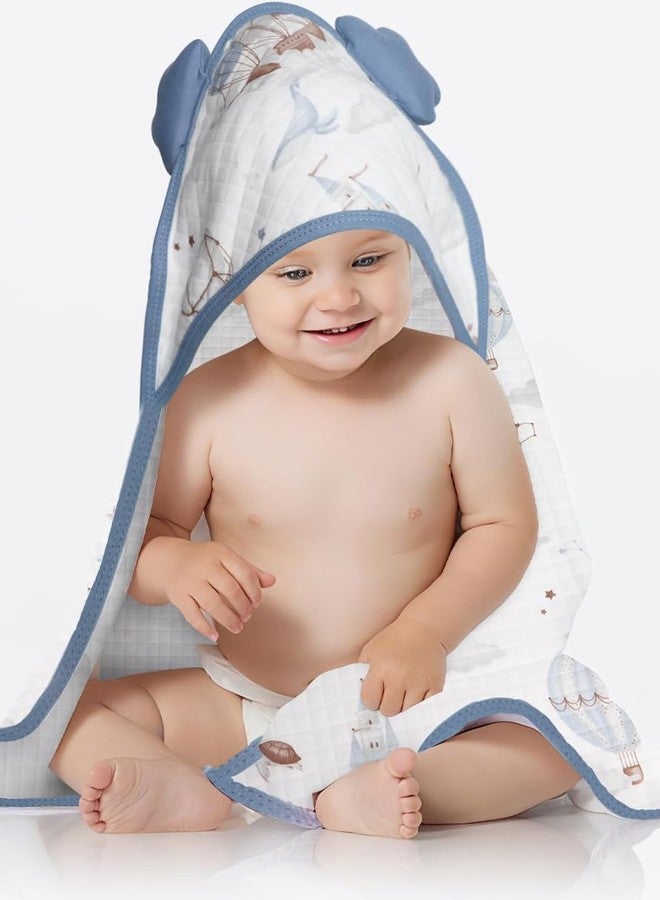 ICKEYOU Cute Animal Hooded Baby Towel Unisex 35" x 35", 100% Cotton, Super Soft & Absorbent, with Safety Belt to Prevent Baby Rolling – Great Gift for Newborns, Toddlers & Kids (Blue hot air Balloon) - Image 1